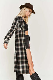 PLAID PRINT COLLAR LONG SHIRT DRESS PLUS