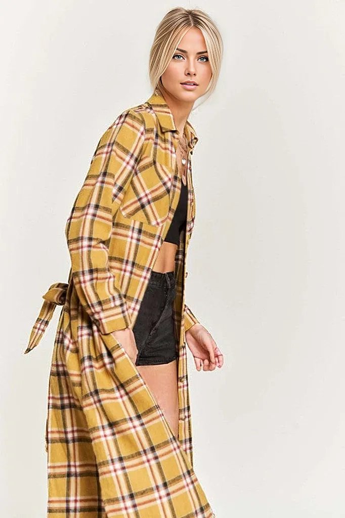 PLAID PRINT COLLAR LONG SHIRT DRESS PLUS