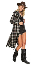 PLAID PRINT COLLAR LONG SHIRT DRESS PLUS