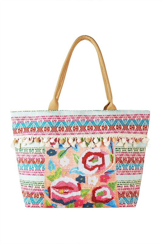 LA Jewelry Plaza Tote Bags AS PREVIEW / O/S Spring Flower Beaded Embroidered Oversize Tote Bag