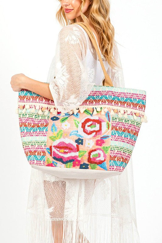 LA Jewelry Plaza Tote Bags AS PREVIEW / O/S Spring Flower Beaded Embroidered Oversize Tote Bag