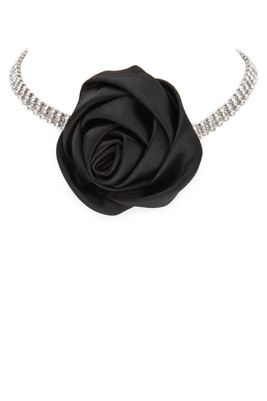 Satin Flower Rhinestone Choker Necklace