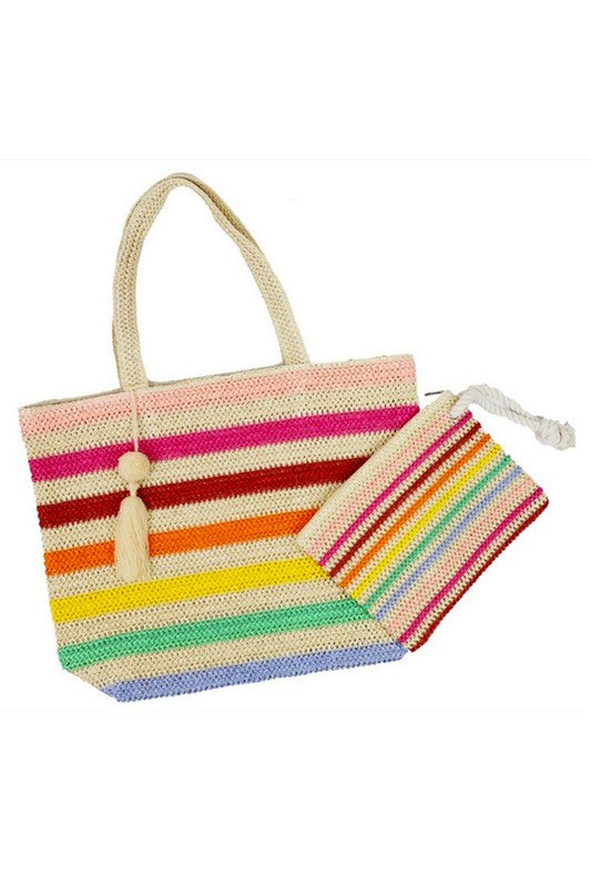 LA Jewelry Plaza Pink / O/S Rainbow Stripe Faux Straw Tote Bag Set