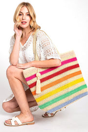 LA Jewelry Plaza Pink / O/S Rainbow Stripe Faux Straw Tote Bag Set