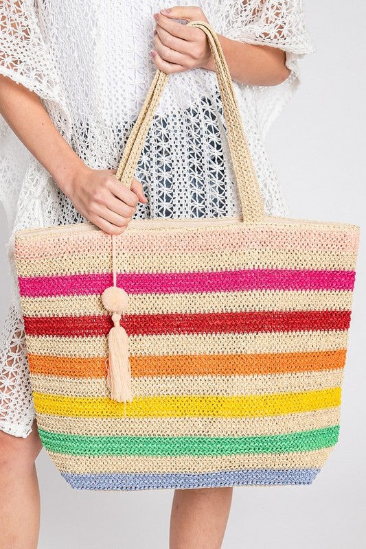 LA Jewelry Plaza Pink / O/S Rainbow Stripe Faux Straw Tote Bag Set