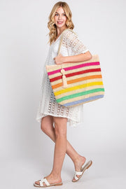 LA Jewelry Plaza Pink / O/S Rainbow Stripe Faux Straw Tote Bag Set