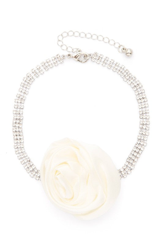 Satin Flower Rhinestone Choker Necklace