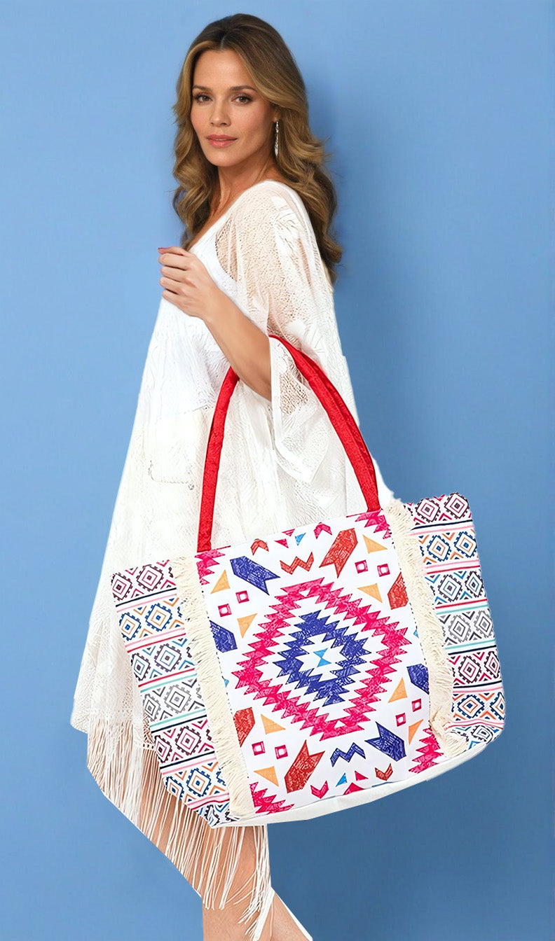 Aztec Printed Embroidered Oversize Tote Bag