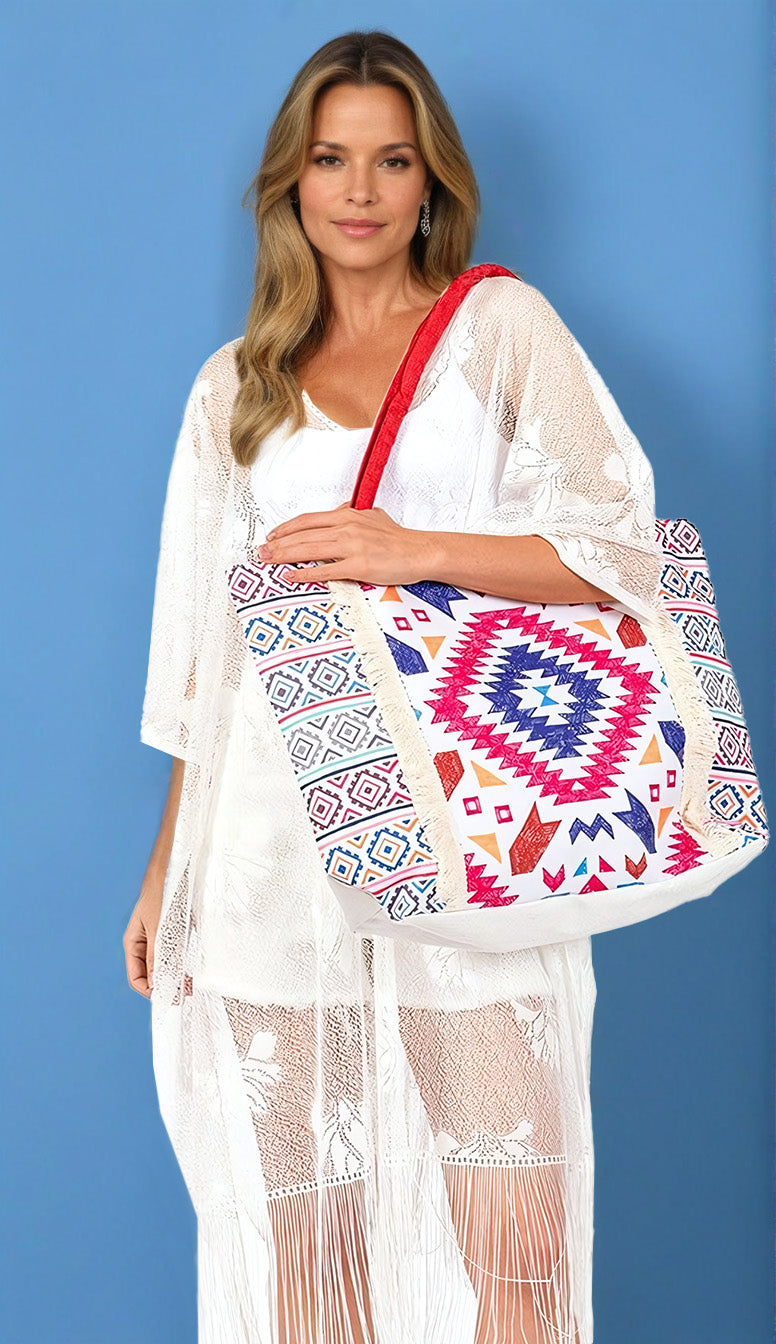 Aztec Printed Embroidered Oversize Tote Bag