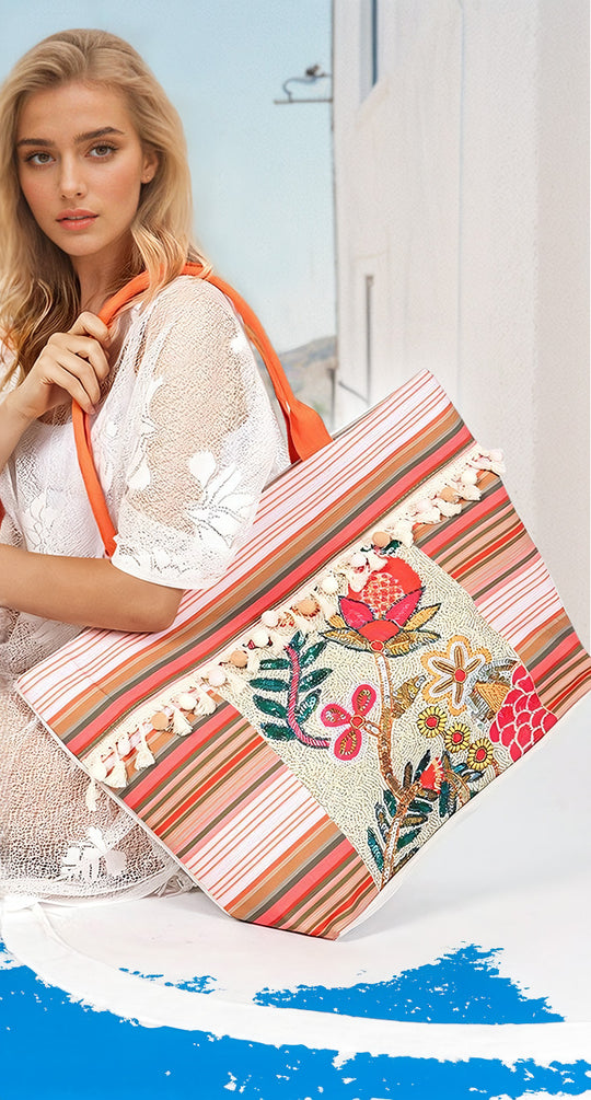 Boho Flower Beaded Embroidered Oversize Tote Bag