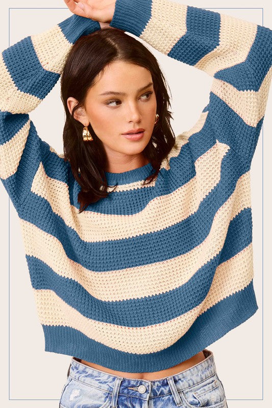 La Miel DENIM / S Striped Round Neck Loose Fit Sweater