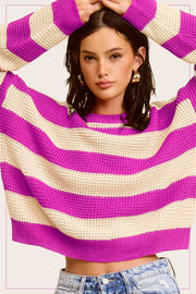 La Miel FUCHSIA / S Striped Round Neck Loose Fit Sweater