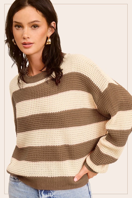 La Miel KHAKI / S Striped Round Neck Loose Fit Sweater