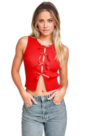 LE LIS Shirts & Tops RED / XS Satin Bow Detail Sleeveless Sweater Top