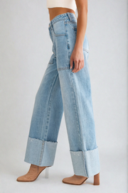 High-Waisted Wide Leg Cuffed Jeans