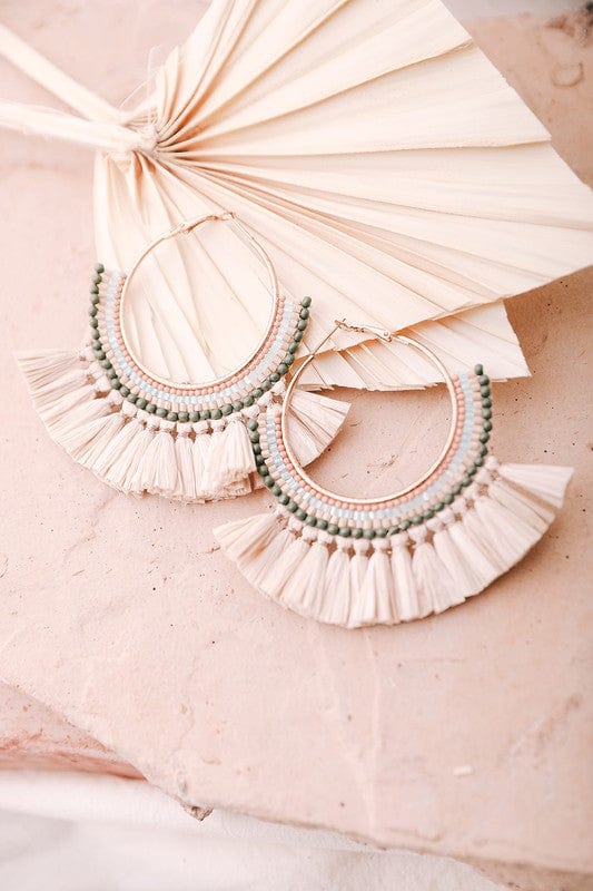 Nature Girl Natural Bead and Raffia Fan Hoop Earrings