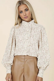 Stand collar floral frill blouse