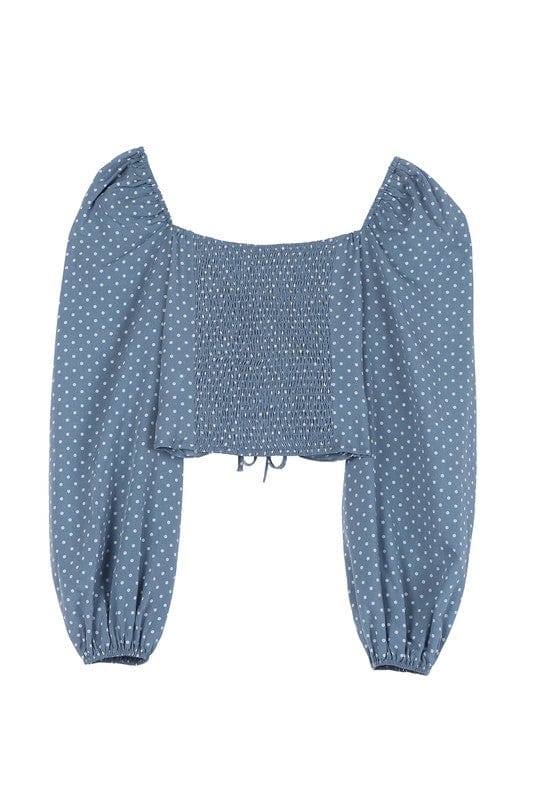 Ruched Polka Dot Crop with Puff Sleeves