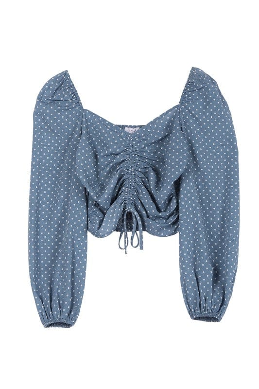 Ruched Polka Dot Crop with Puff Sleeves