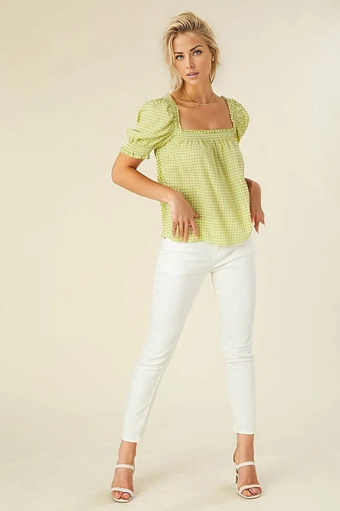 Smocked blouse with puff sleeve