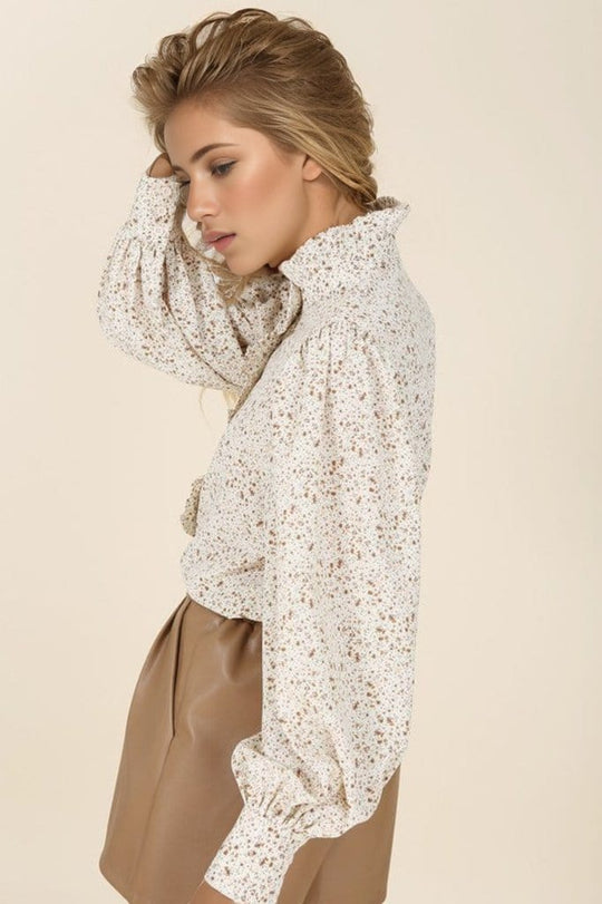 Stand collar floral frill blouse