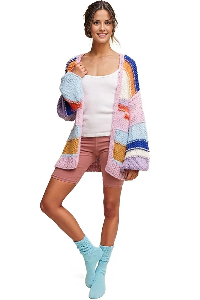 Listicle Sweaters & Cardigans/Cardigans Hand Knit Multi Striped Cardigan