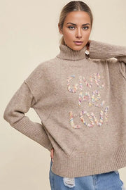 Taupe / S Give Me Love Stitched Mock Neck Sweater