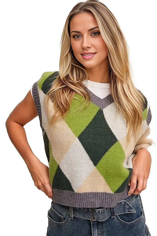 Listicle Vests Green Multi / S Argyle Cropped Sweater Vest