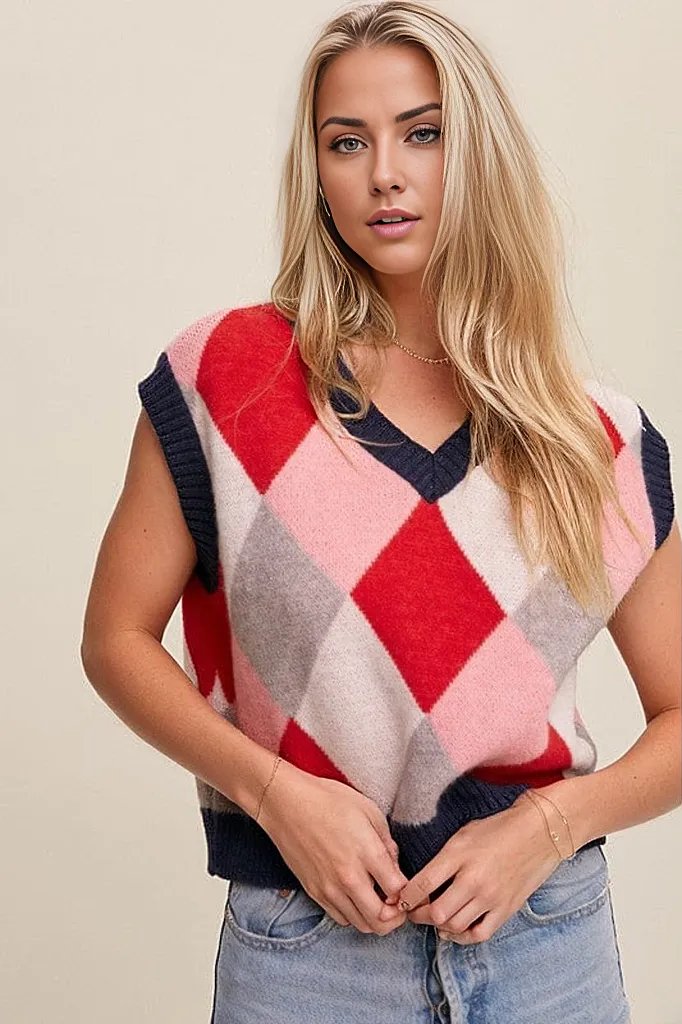 Listicle Vests Pink Multi / S Argyle Cropped Sweater Vest