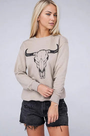 Lotus Fashion Collection Shirts & Tops Light Mocha / S Cow Skull Sweatshirts