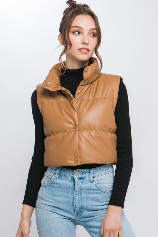 CAMEL / L PU Faux Leather puffer West With Snap Button