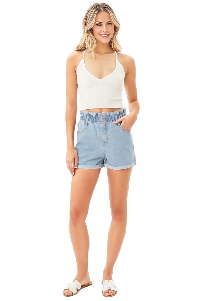 Double Buttoned Waistband Denim Shorts