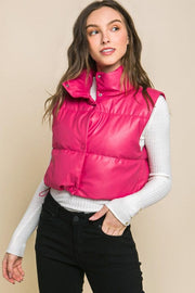 FUCHSIA / S PU Faux Leather puffer West With Snap Button