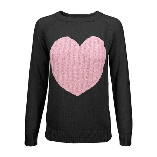 Shirts & Tops Black/Pink / S Love Heart Jacquard Round Neck Pullover Sweater