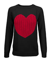 Black/Red / S Love Heart Jacquard Round Neck Pullover Sweater
