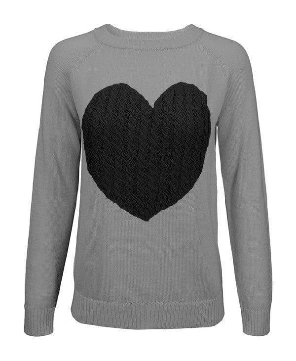 Grey/Black / S Love Heart Jacquard Round Neck Pullover Sweater