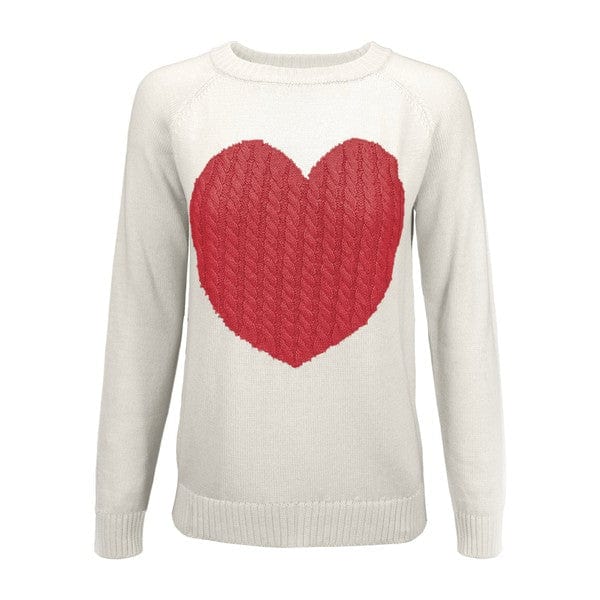 Ivory/Red / S Love Heart Jacquard Round Neck Pullover Sweater