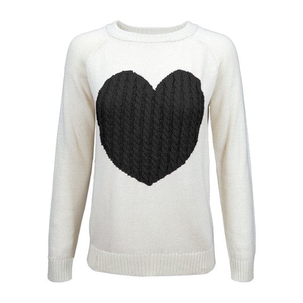 Oatmeal/Black / S Love Heart Jacquard Round Neck Pullover Sweater