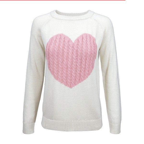 Oatmeal/Pink / S Love Heart Jacquard Round Neck Pullover Sweater
