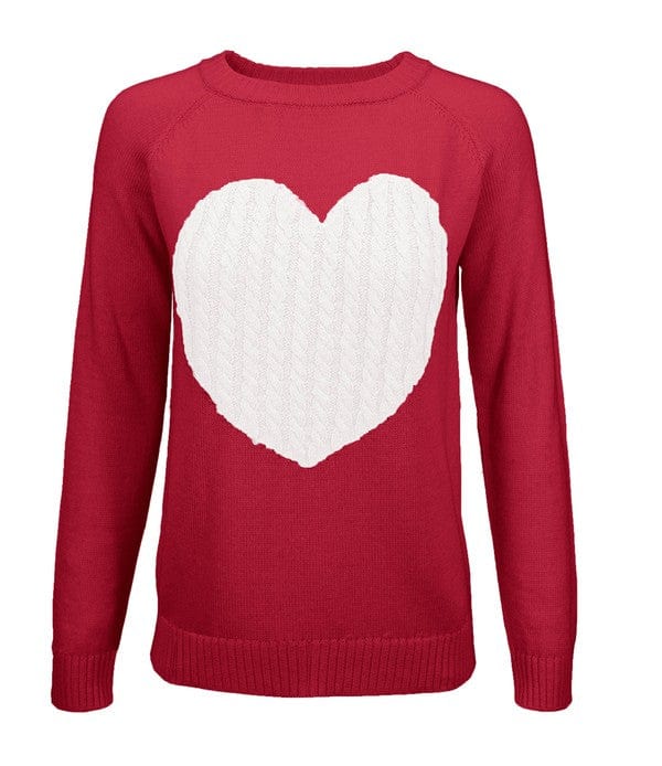 Red/Ivory / S Love Heart Jacquard Round Neck Pullover Sweater