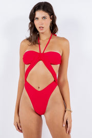 Mermaid Swimwear Red / S ONE PIECE OPEN CUTOUT FRONT PANEL WITH HALTER NECK