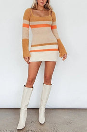 Fuzzy Knit Long Sleeved Multi Stripe Mini Dress