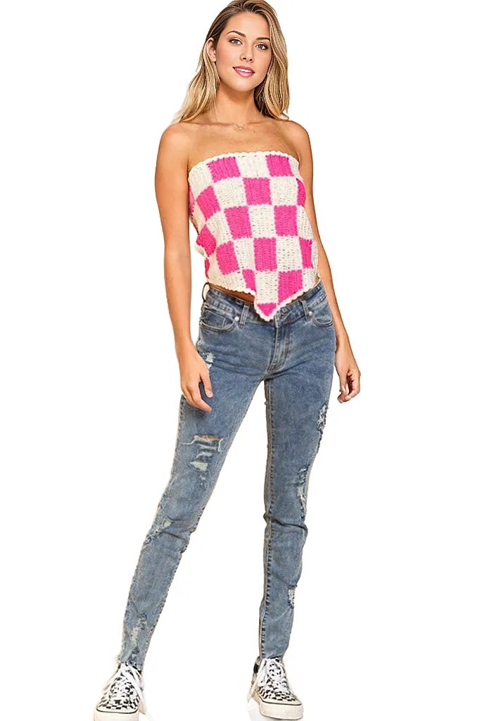 Checkerboard Pattern Tube Top Sweater