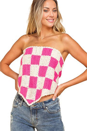 POL Sweaters CREAM/PINK / S Checkerboard Pattern Tube Top Sweater