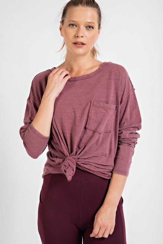 MINERAL WASHED ROUND NECKLINE LONG SLEEVES TOP