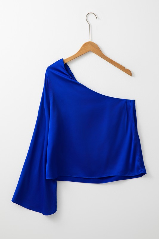 SHEWIN INC. Asymmetric One Shoulder Bell Sleeve Satin Blouse