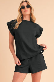 SHEWIN INC. Outfit Sets BLACK SW625933-P2 / S Textured Ruffle Split Top and Drawstring Shorts