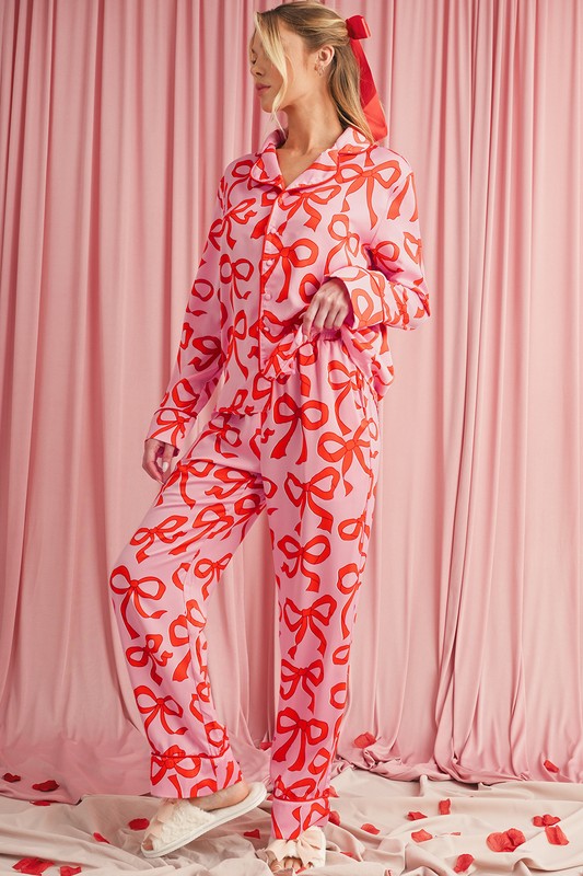 SHEWIN INC. Bow Button Up and Loose Pants Pajama Set