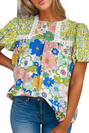 Bubble Sleeve Lace Trim Floral Mixed Print Blouse