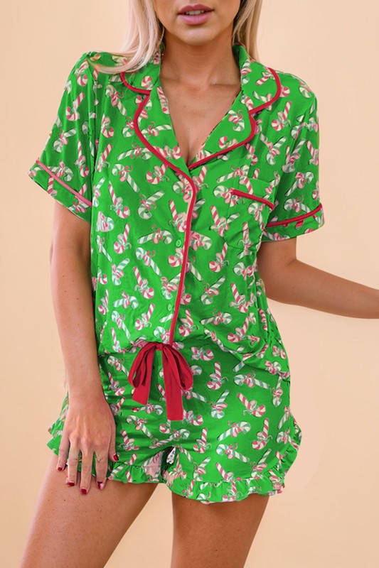 SHEWIN INC. Christmas Candy Cane Print Knotted Pajama Set